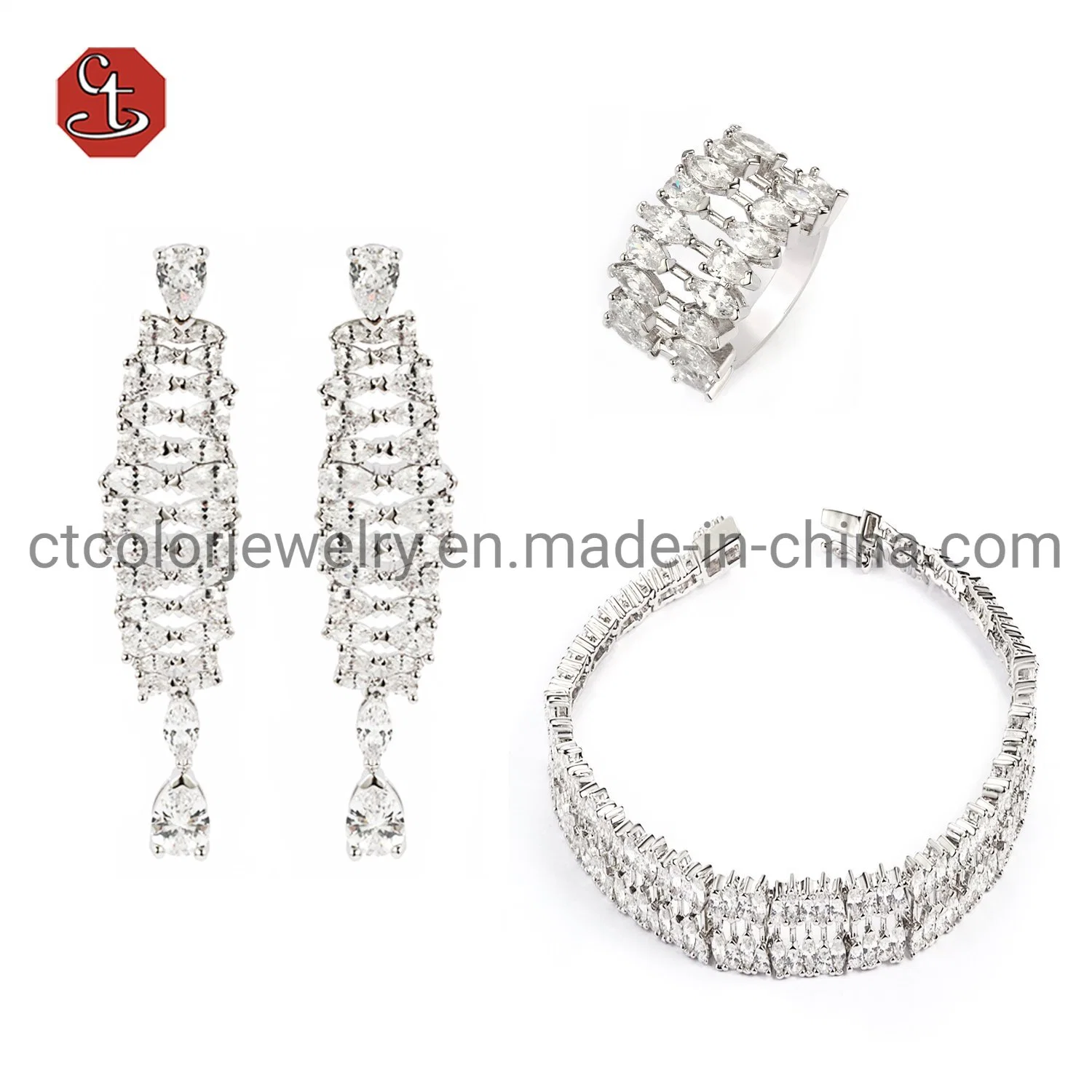 Dazzling Crystal CZ Pave Setting Silver Earrings Luxury Party Jewelry Sets