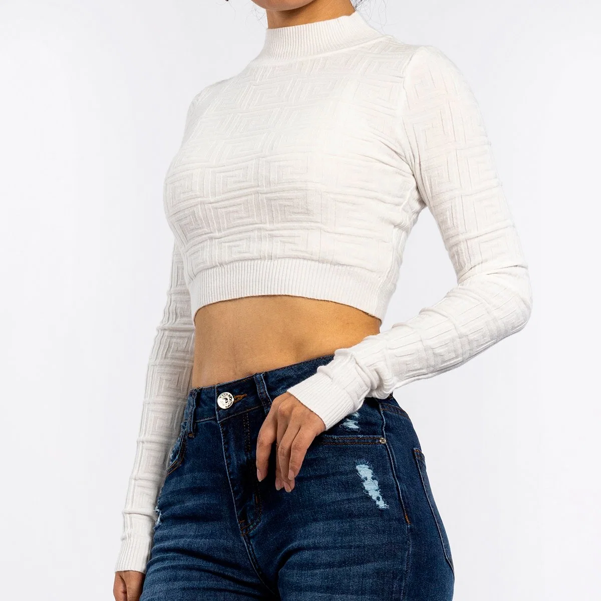 2023 Round Neck Long Sleeve Knitted Crop Tops White Summer Sweaters for Women