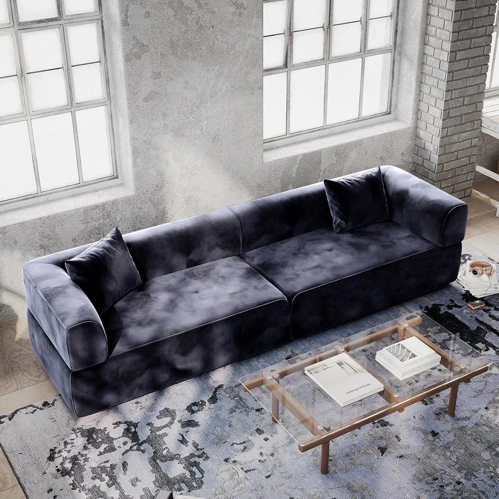 110" minimalistisches Deep Seat Sofa mit Rollarm, Wildleder Stoff, dunkelblaue Farbe Wohnzimmer Couch