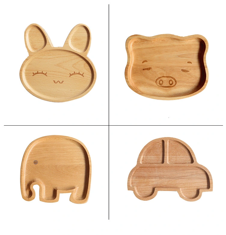 Eco-Friendly Natural Beech Wooden Plate Cartoon Wooden Serving Tray for Children