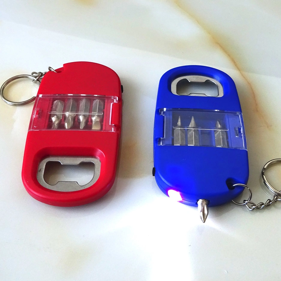 Mini 4 em 1 LED multi-Fendas Kit com abridor de garrafa Chaveiro Conjunto de Ferramentas para a promoção