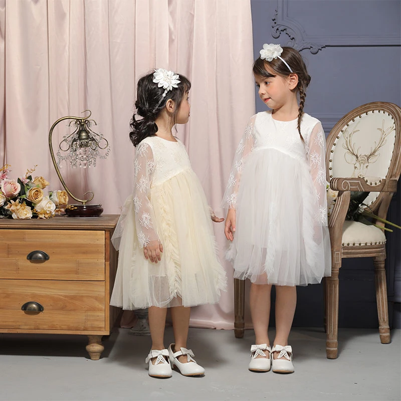 Long Sleeve Kids Wears Flower Tutu Dresses Baby Girl Wedding Dress