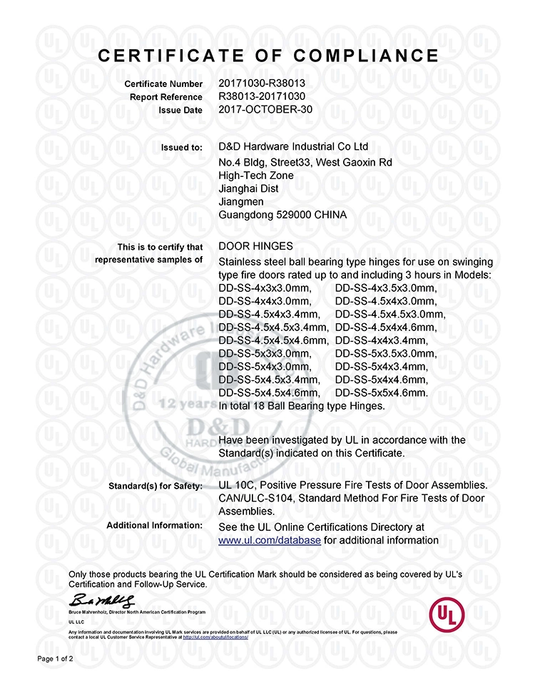SUS316 UL Fire Rated Metal Door Funtion Accessory Hinge Joint