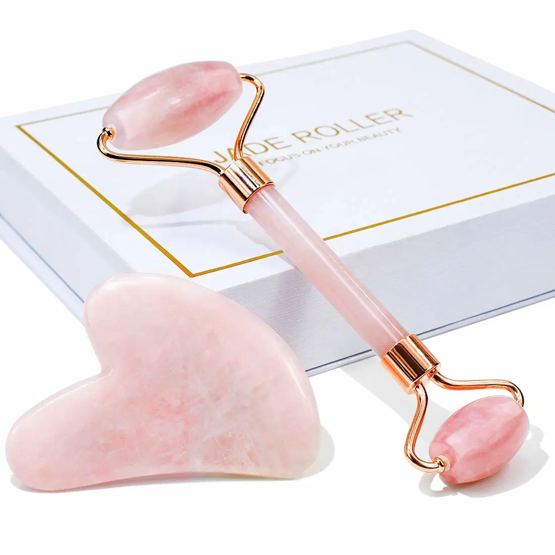 Custom Logo Box Natural Crystal Face Gua Sha Board Rose Quartz Facial Jade Roller Set with Gift Box