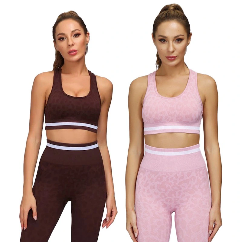 New Listing Fancy Workout Yoga Fitness Wear for Women, 2 Pieces Racerback Sports Bra + High Waisted Leggings Gym Outfits Leopard Cheetah Yoga Clothing Sets