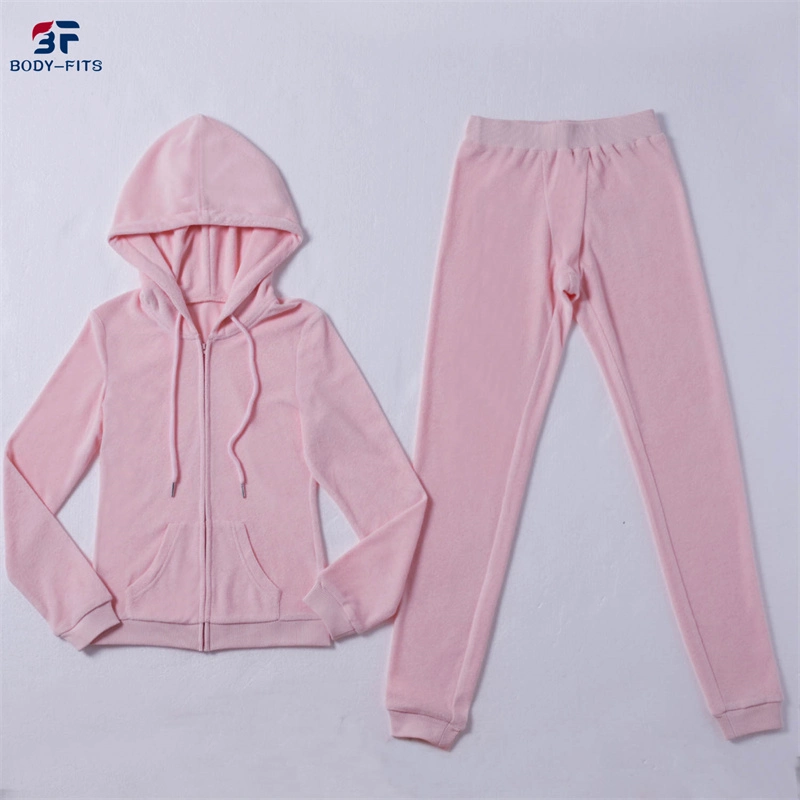 El otoño de dos piezas 2022 Terry toalla Bodysuit Streetwear emparejador de Mujeres Rosa llano Juego de arriba sudadera y pantalón Zip Establecer Sweatsuit