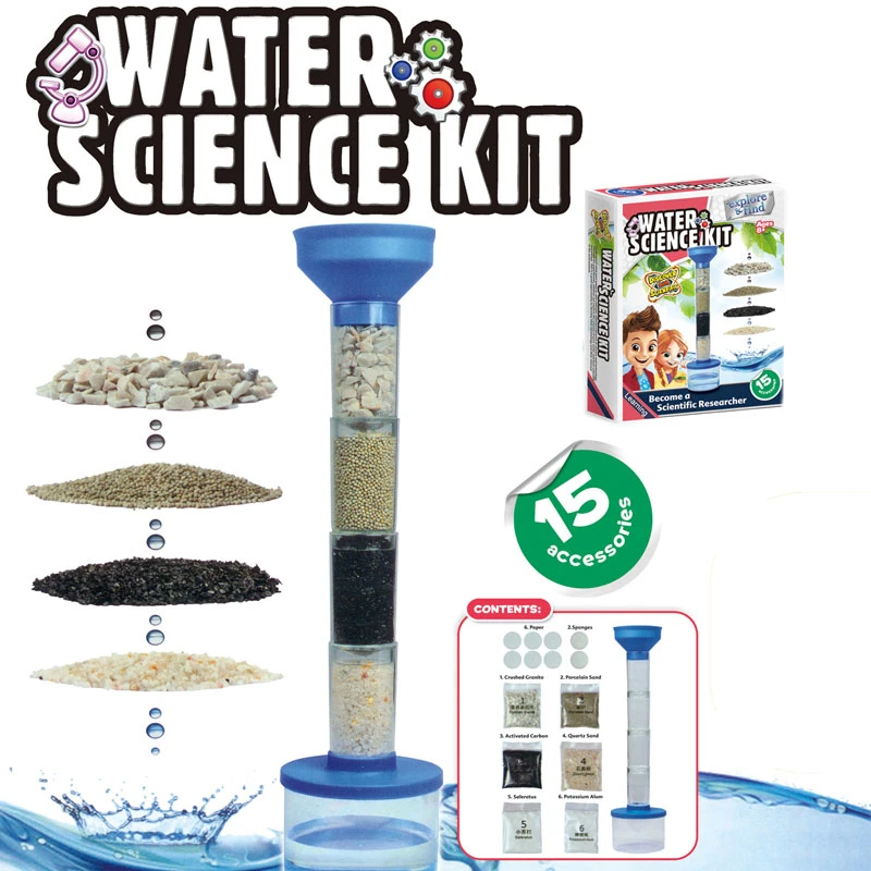 Série de jouets éducatifs pour enfants en gros sur la science, la technologie et les connaissances en matière d'éducation scientifique. Kit de science de l'eau filtrée à faire soi-même pour des expériences éducatives précoces. Jouet STEM expérimental.