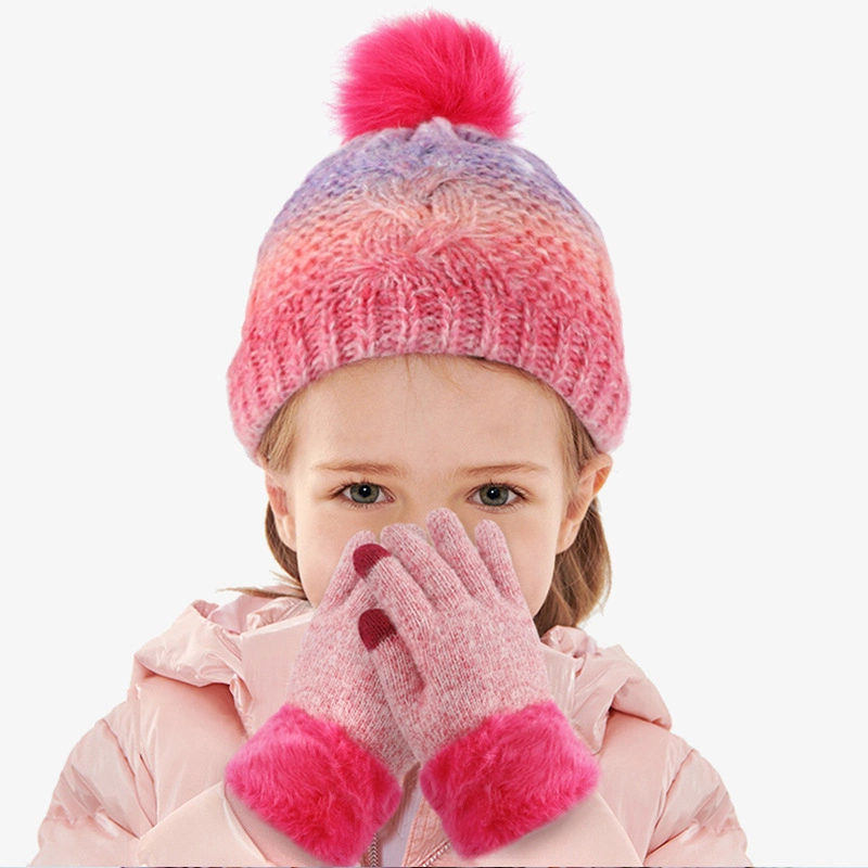 Invierno niños Guantes de pantalla táctil caliente y punto polar PomPom Conjunto de sombreros