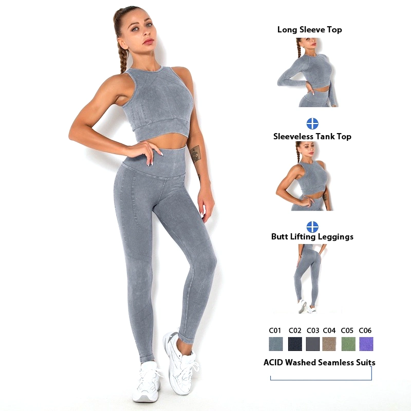 Tiktok Banheira Cinzento azulado Padrão de denim impresso roupas Fitness Sportswear para mulheres, Conservador ginásio topo e treino Perneiras Jeans-Style Matching Conjuntos de atletismo