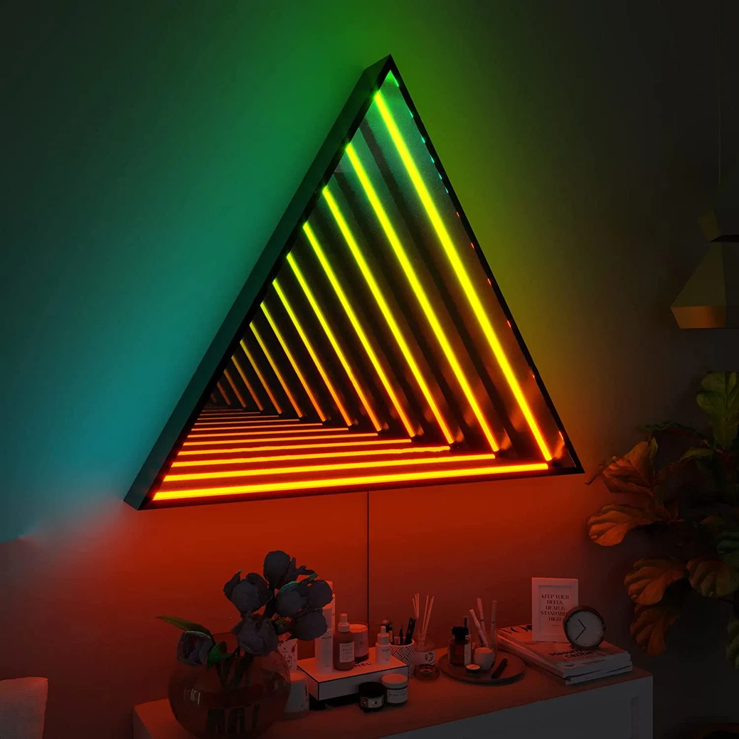 Infinity Triangle Mirror - LED Infinity Mirror Wall Lamp, Geometric RGB Colour Changing Wall Decor, 3D Tunnel Magical Lighting, Holographic Portal