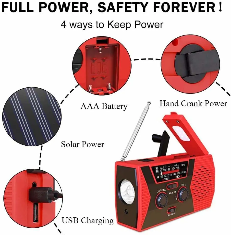 Solar Hand Crank Emergency Noaa Radio with Flashlight Reading Light and 2000mAh Power Bank Charger