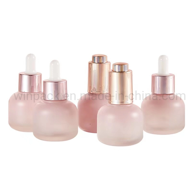 15ml 30ml 50ml Round Shape Custom Pink Color Glass Dropper Container with Gold Dropper for Cosmetic Packaging