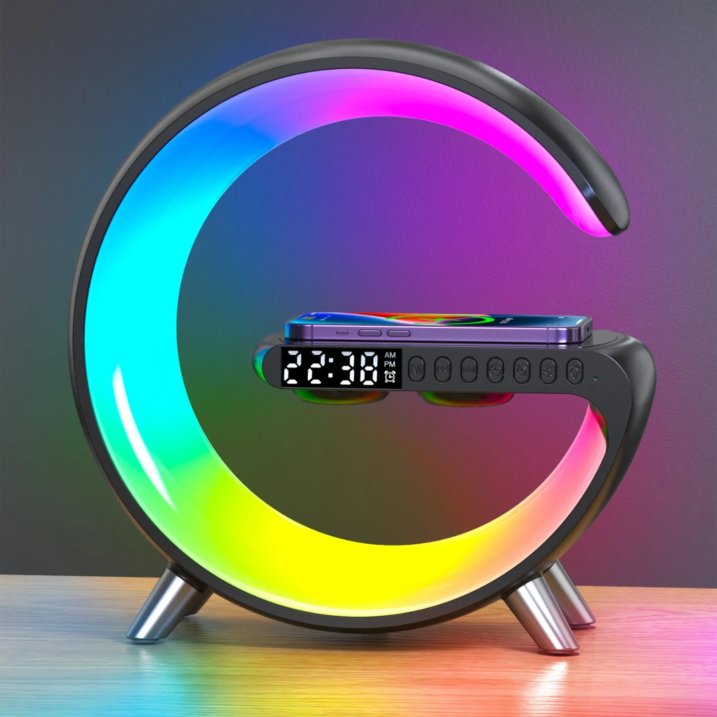 Smart RGB Light Wireless Charger with Music Player Alarm Clock Bedside Wake up Light