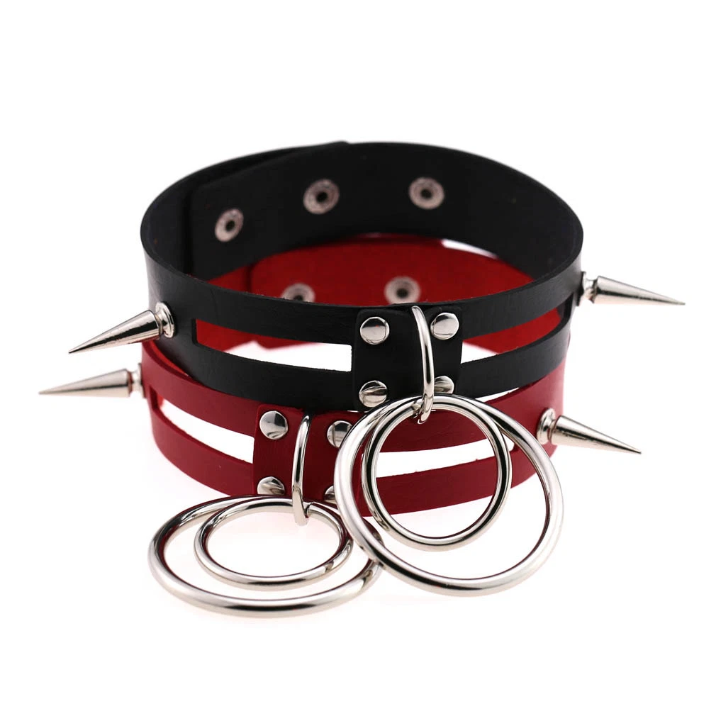 Sexy PU Leder Spiked Nieten Kragen Doppel O-förmigen großen Ring Halsband