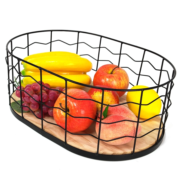 Oval Snack Food Wire Organizer Bamboo Base Kitchen Fruit Storage Metal Basket