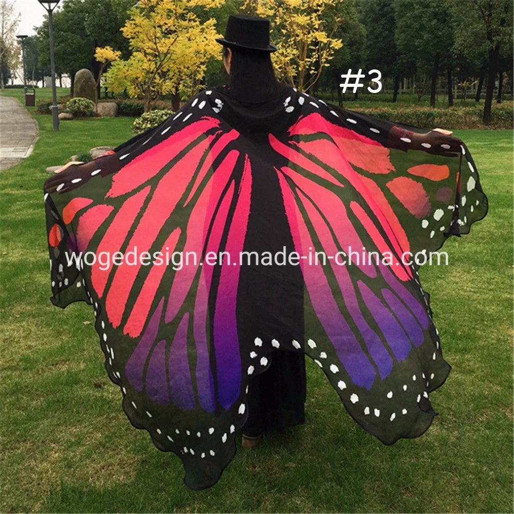 Fábrica al por mayor tela de poliéster Voile Fantesque Halloween Traje Baile Cosplay Capa de alas de mariposa con estampado de chales