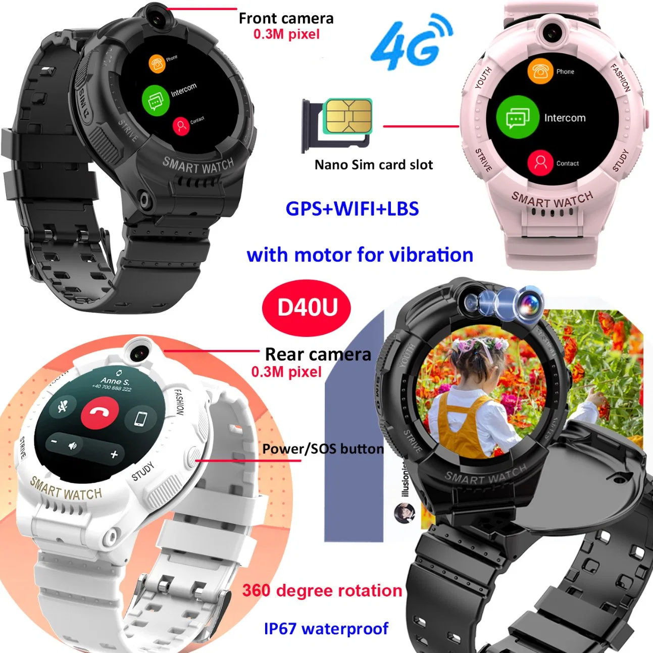 Neues Design Hot Sale IP67 wasserdichte LTE Personal GPS Smart Beobachten Sie mit Rotation Dual-Kamera Video Anrufverlauf Tracking für SOS-Nothilfe