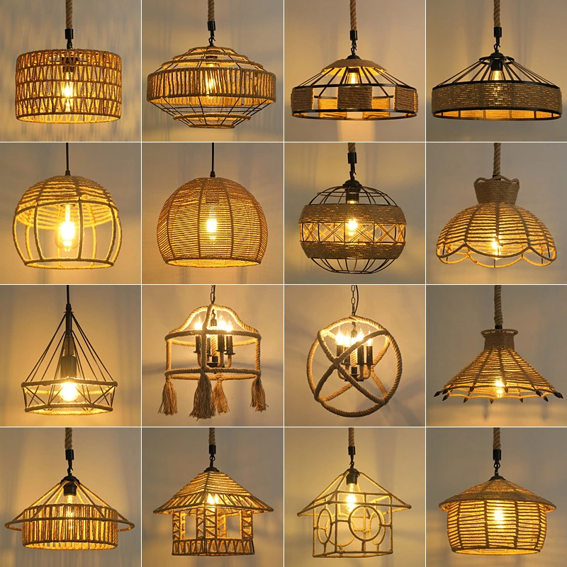 LED Rattan Pendant Lights Chandelier Light Fixture Hand Woven Rope Cage Basket Pendant Light