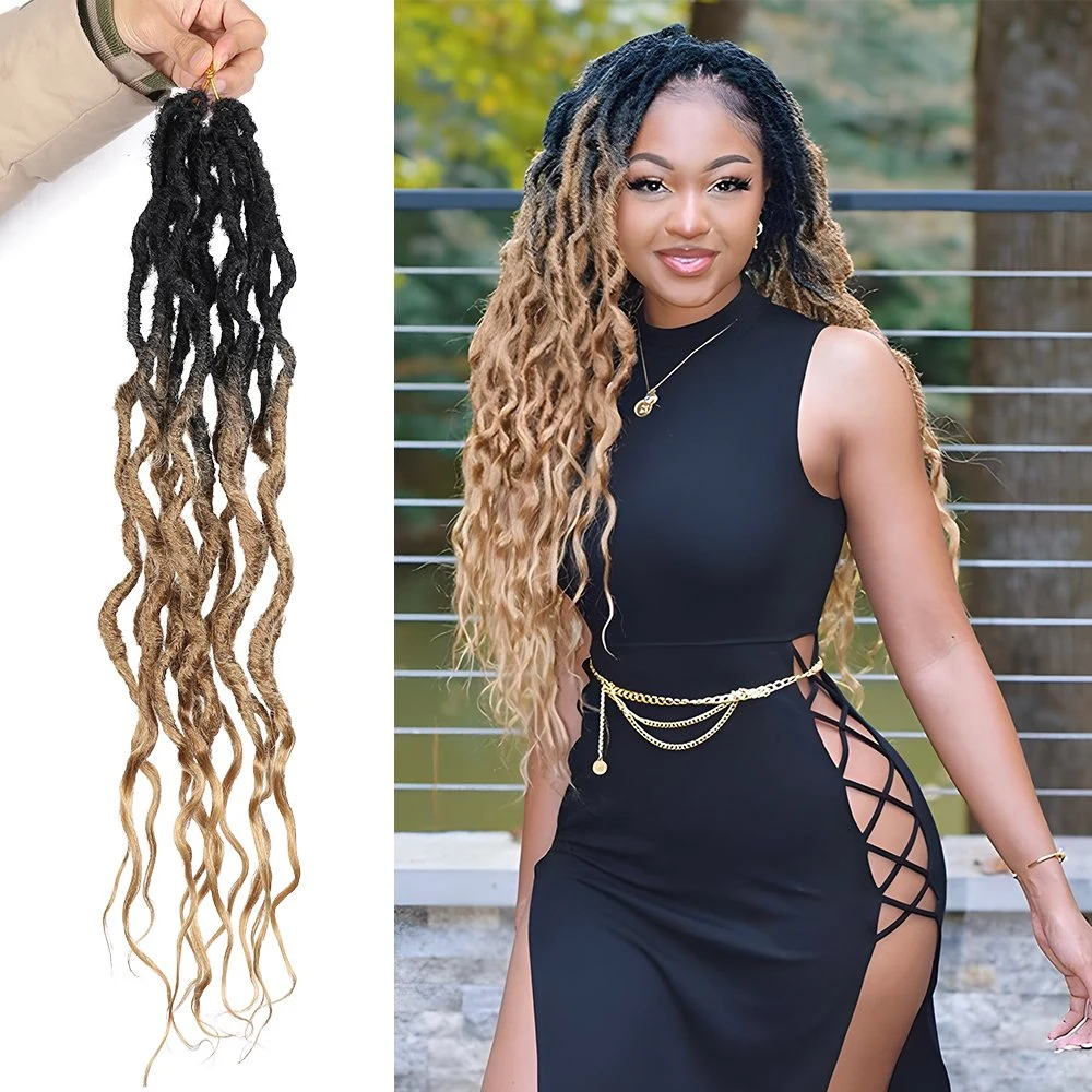 Rio cigano Faux Locs Crochê Hair Rainha Locs Deusa ondulado com cabelos cacheados Termina longo trançado sintético entrançados Croceht Extensão de cabelo