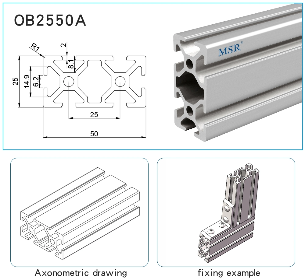 China Supplier 25*50mm aleación de aluminio industrial anodizado de plata aluminio extruido Extrusión para línea de Conveyor/Workbench/Shelf/Assembly en 2550 3060 4080 4590