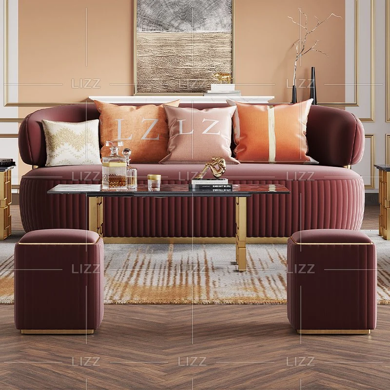 China Hersteller Moderne Sektionale Wohnmöbel Luxus Rotes Wohnzimmer 3 Sitzer Sofa mit Hockern