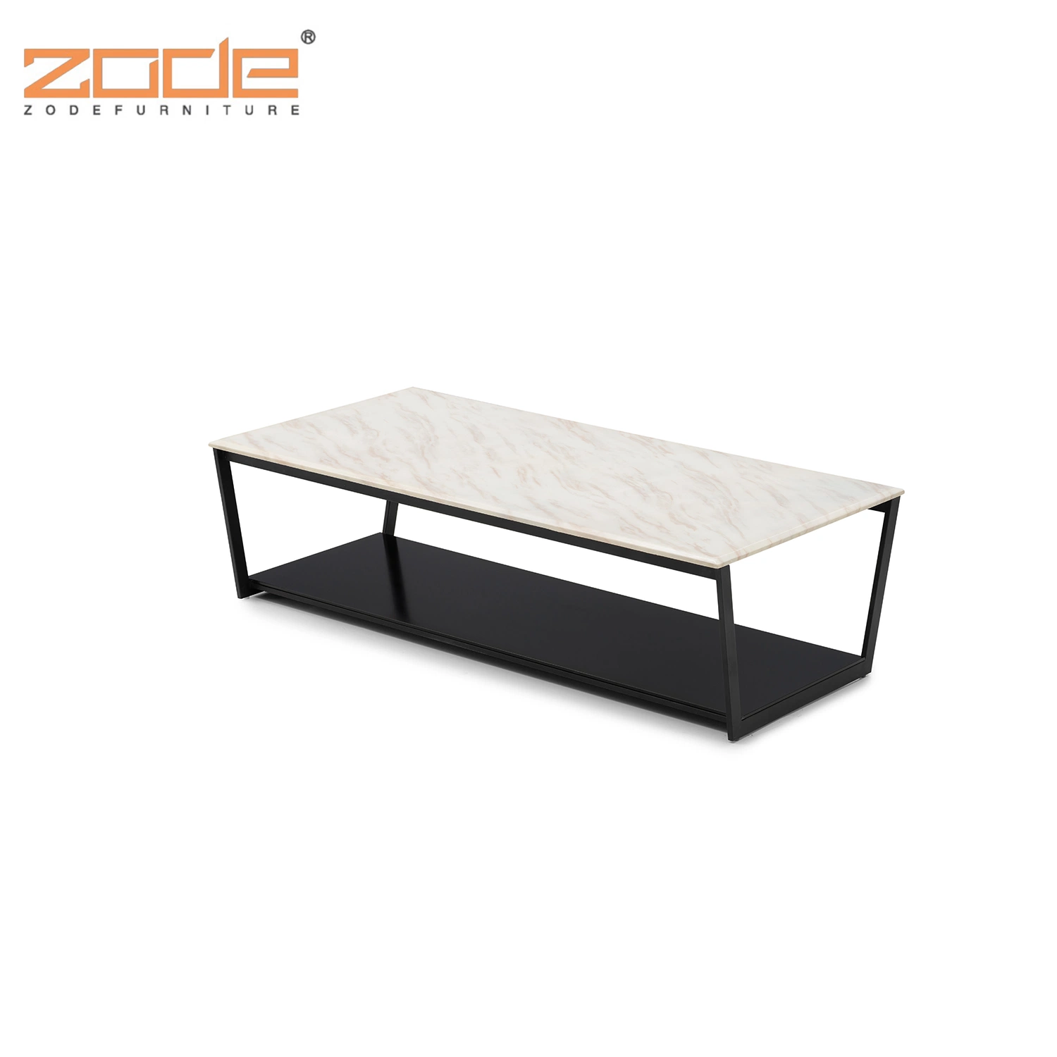 Zode Vintage Industrial Parquet Marble Top Metal Frame Living Room Glass Top Coffee Table