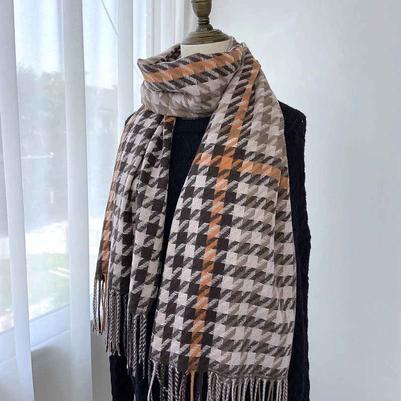 Autumn and Winter New Cashmere Tassel Shawl Warm and Thickened Houndstooth Color Matching Lady Scarf