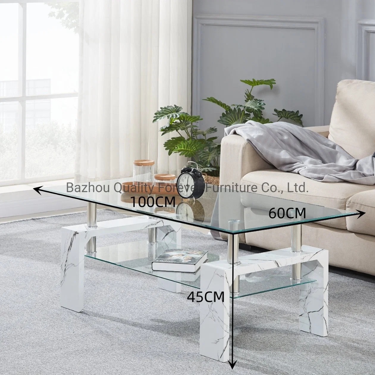 Clear Tempered Glass Rectangle Steel Metal White Marble 3D Paper MDF Leg Coffee Table