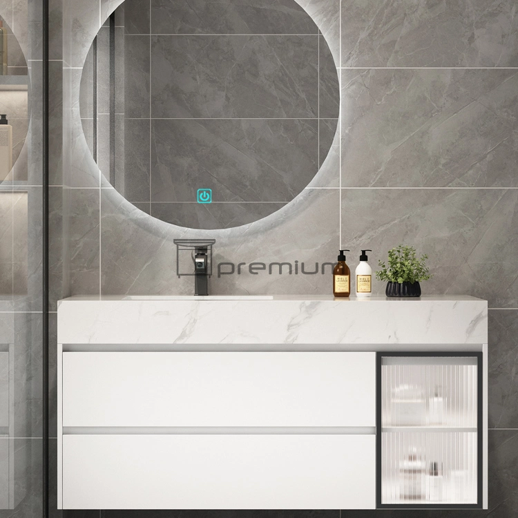 1000mm Largeur Luxe Moderne Design Miroir Rétroéclairé LED Dessus en Pierre Frittée Lavabo en Céramique Meuble de Salle de Bain en Bois