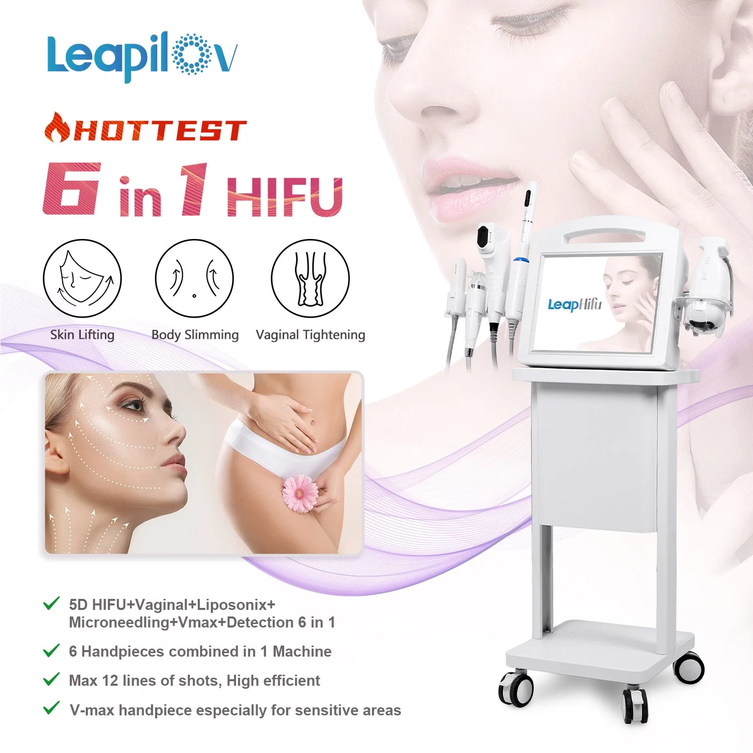 Portable 5bin 1 Smas Hifu Ultrasound Machine Liposonic Hifu Face Tightening Hifu Machine 5D 7D 8d Face Lifting Machine