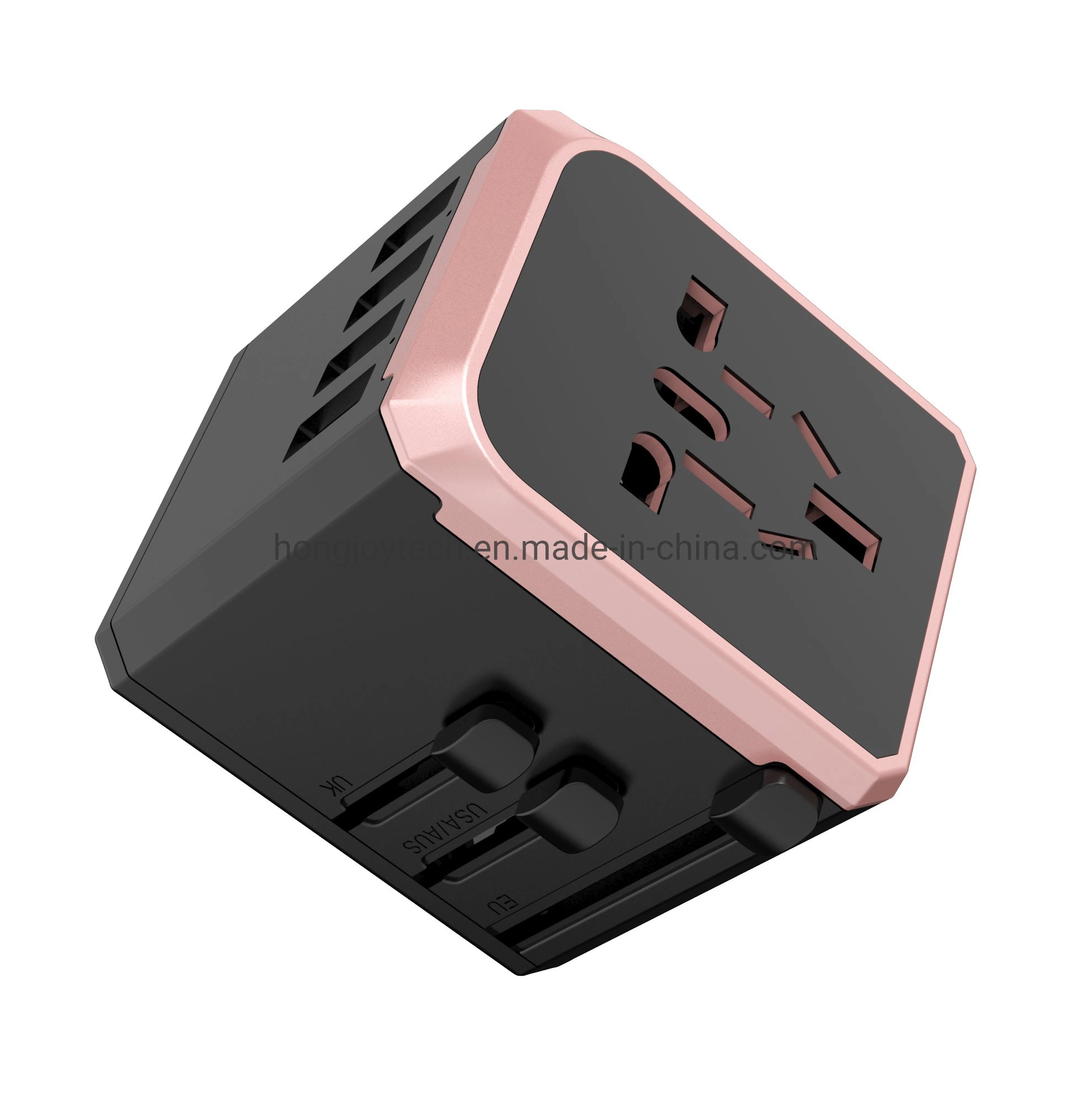 Adaptateur de voyage universel (4 ports USB) - Prise de courant pour les États-Unis, l'Europe, la France, le Royaume-Uni, l'Irlande, la Thaïlande, la Nouvelle-Zélande, l'Australie et plus de 100 pays. Bleu, blanc, jaune, noir, rose, rouge.