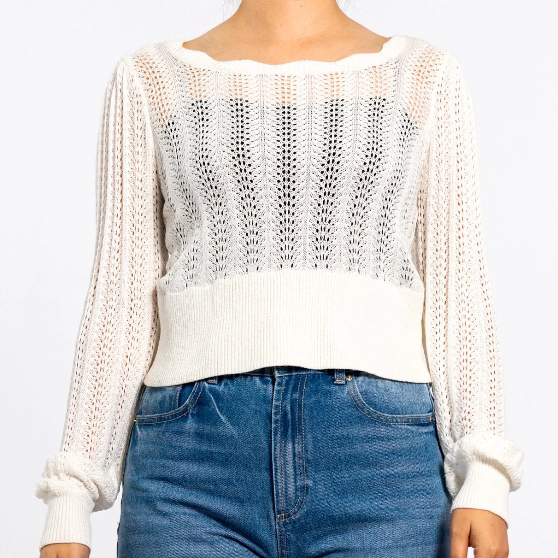 Women Spring Summer Knitted Round Neck Hollow Wave Collar Edge Short White Sweater Pullover