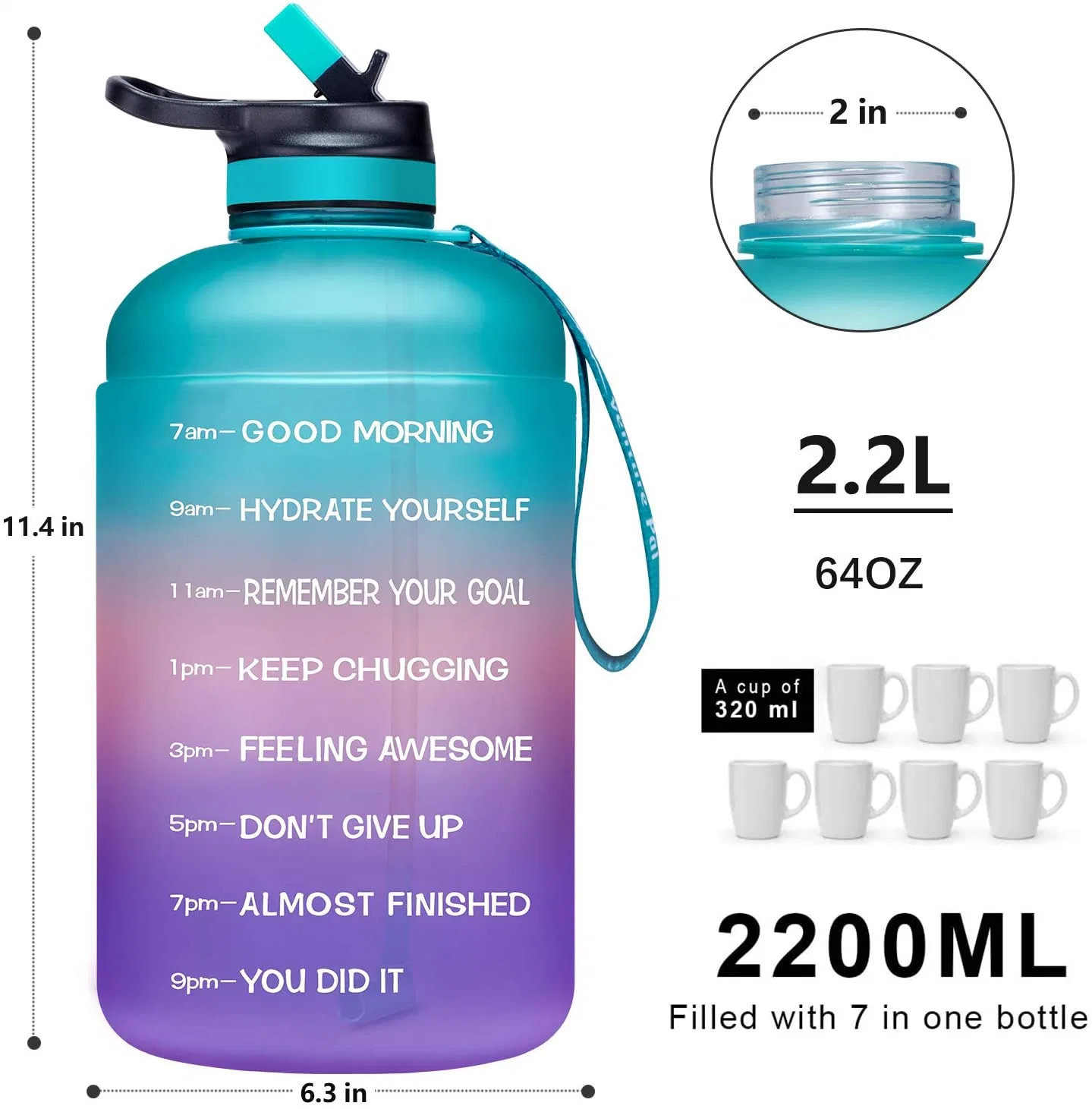 Dishwasher Safety 2.2L Plastic Sports Water Bottle Half Gallon Water Jug with Motivational Time Marker