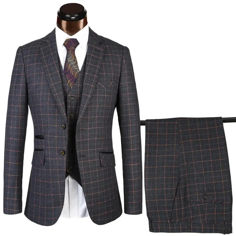 OEM de los hombres el tamaño de traje gris de cuadros escoceses Three-Piece Traje elegante