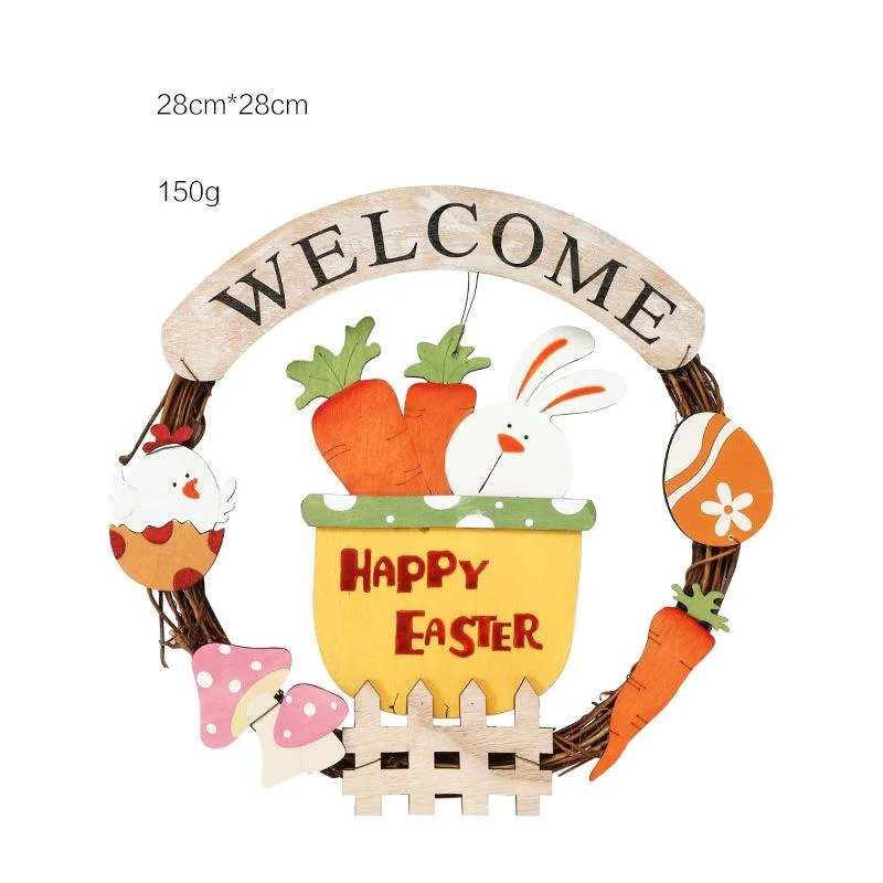 Wooden Happy Easter Door Sign Wreath Decoration with Bunny Carrot