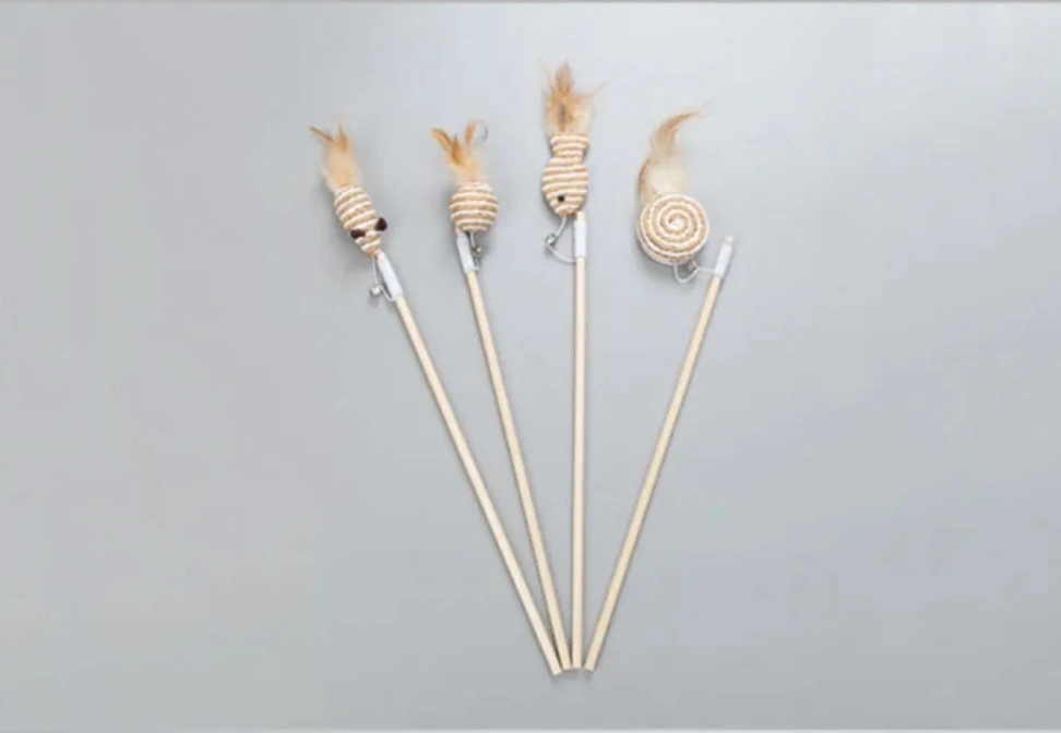 Wholesale Cheap Price Rope Mouse on a Wooden Stick Feather Cat Toy