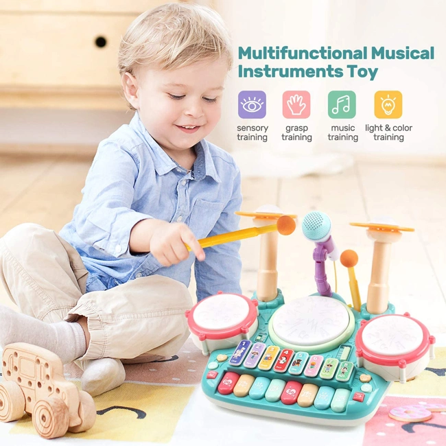 5in1 Musical Instruments Toys Kids Electronic Piano Keyboard Xylophone Include 2 Microphones with Light Multifunctional Drum Toy