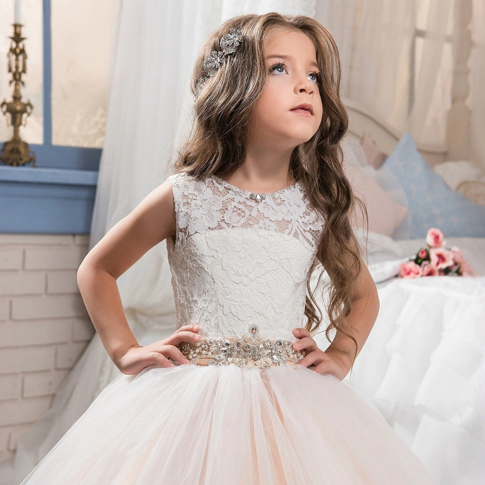 Hfg096 Full Lace Belt Sleeveless Champagne Puffy Flowergirl Dress