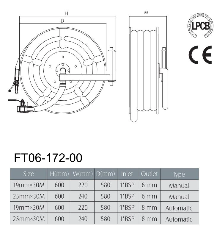 Automático homologado Lpcb brazo oscilante de carrete de manguera de incendios 19mmx30m 06-172UN