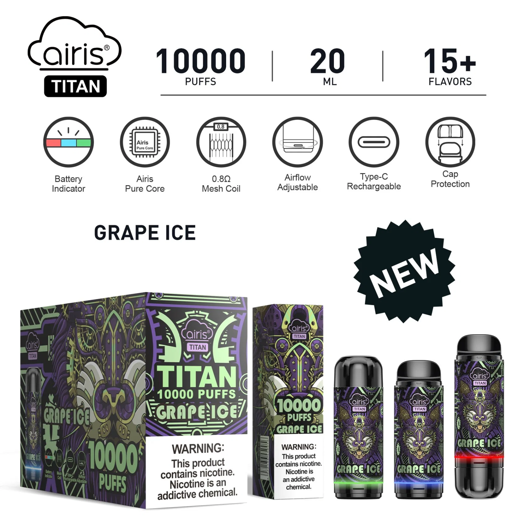 Original Airis Titan 10K Puff Bar E cigarette 10000 Puffs Stylo à tête Vape jetable