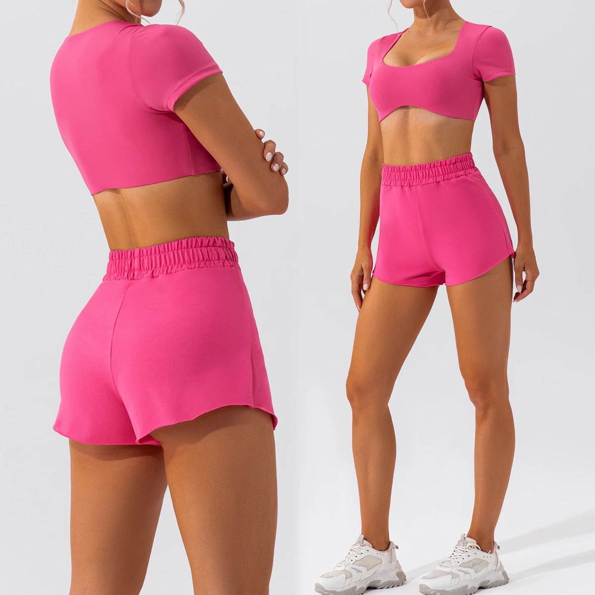 New Listing 2 PCS Cute Leisure Summer Street Active Wear for Young Teens, Custom Sports Gym Short Sleeve Crop Top with Bra + Running Shorts with Pocket