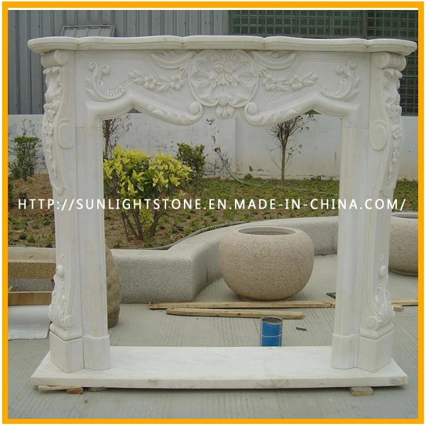 Black Marquina Marble Fire Place Stone Mantel Fireplace with Hand Carved