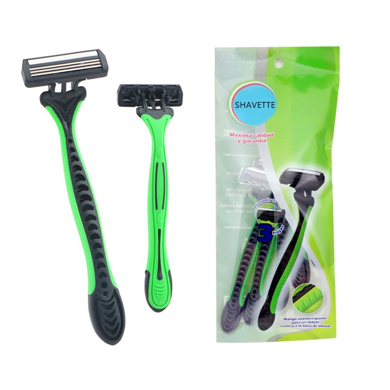 D316L Customized Green Rubber Handle Disposable Razor Shaving Tool 3 Blade Men Razor