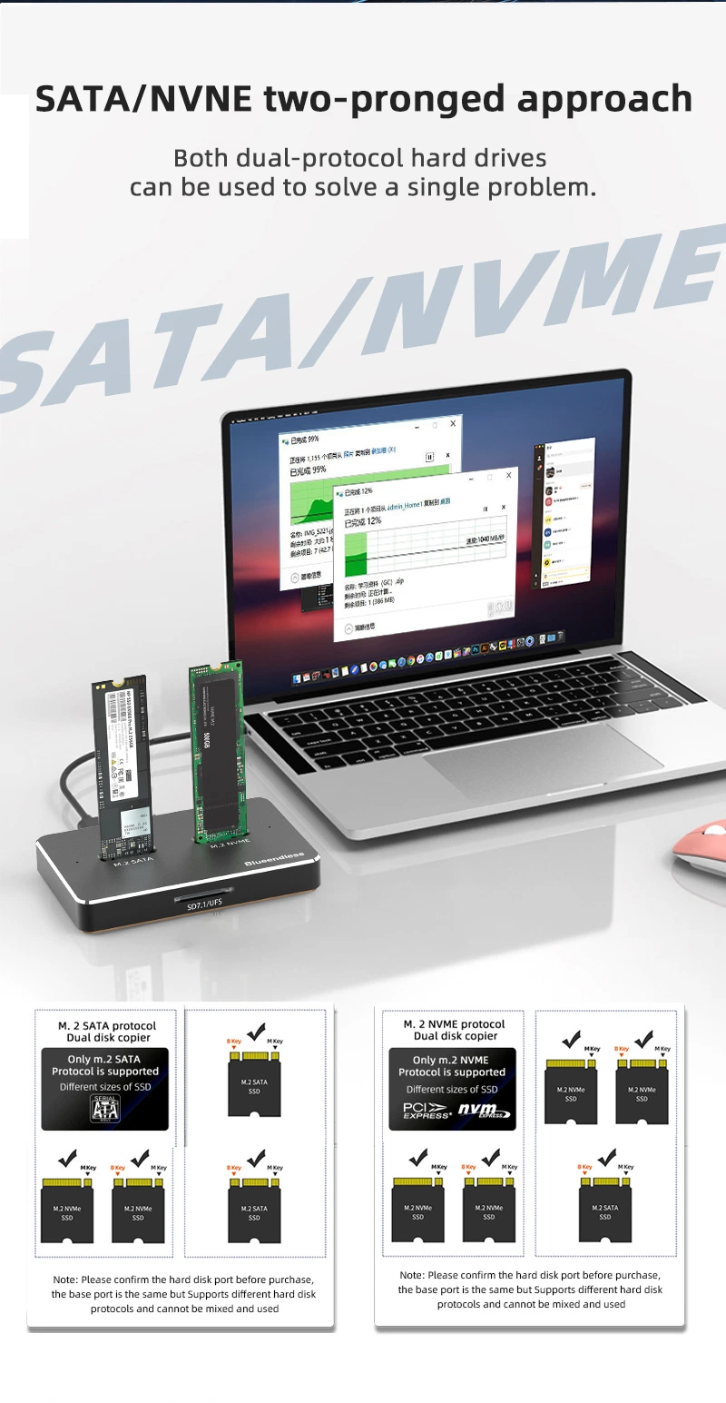 USB 3.1 Gen 2 Aluminum M. 2 Clone SATA Nvme SSD Enclosure Docking Station