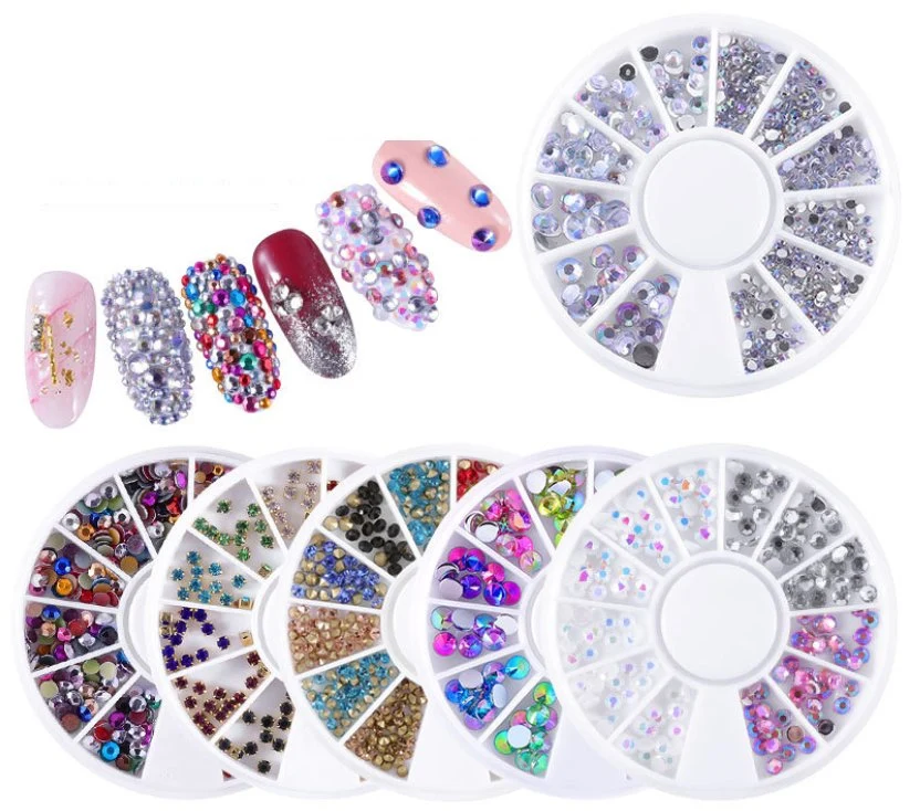 12 Grids Mixed Colorful Nail Crystals Rhinestones Ab Heart Sharp Flat Nail Charms