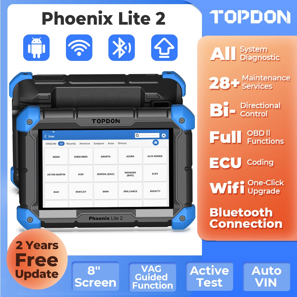 Topdon Factory China Phoenix Lite2 Portable Smart 2 años gratis Actualizar el escáner de códigos OBD2 de la ECU de diagnóstico de todos los sistemas Auto Car Equipo de herramienta de diagnóstico para vehículos de camión