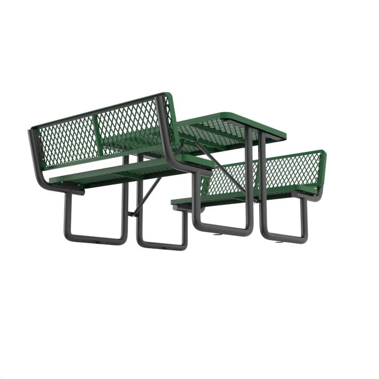 OEM 48" Hotel/Hospital Courtyard Rectangular Green Table and Chairs with Umbrella Hole Expanded Metal Picnic Table with Backrest