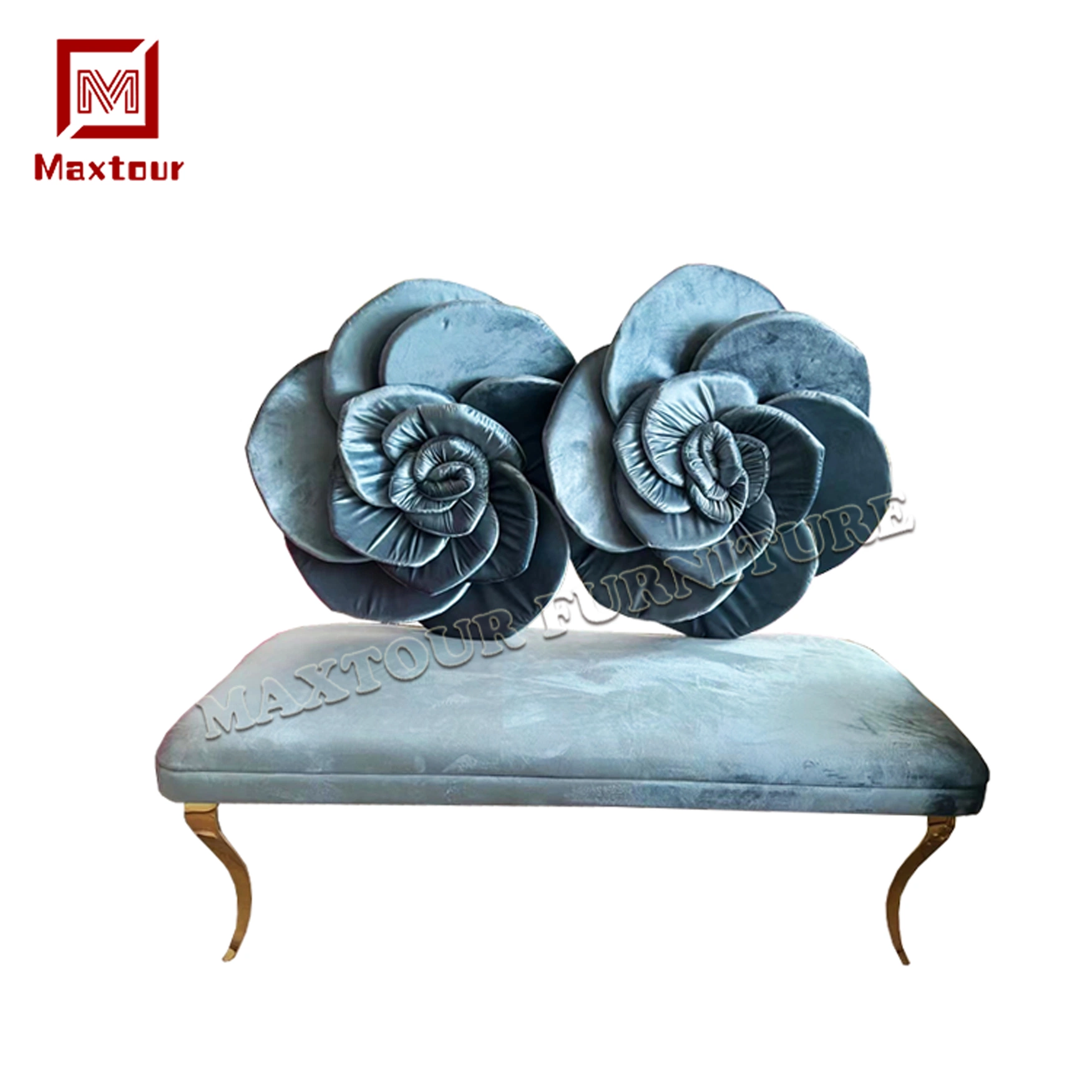 Double Seat Wedding Sofa Set Velvet Fabric Upholstered Flower Back Sofa Wedding Couch Event Rose Sofa