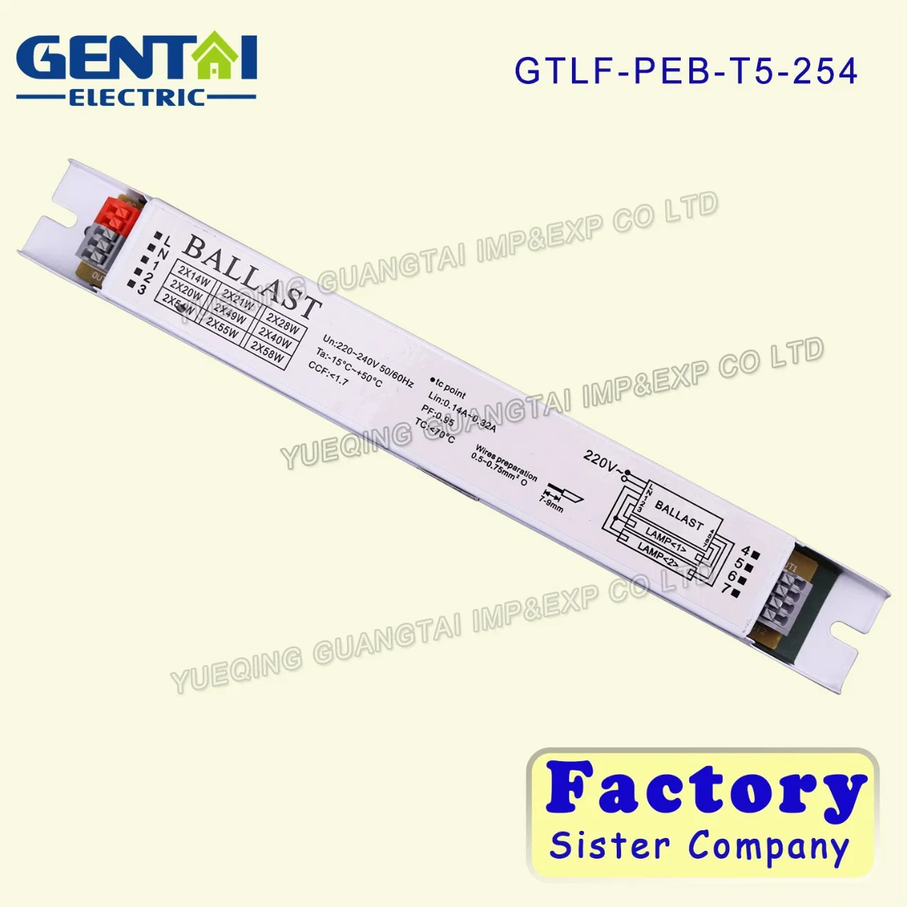 High Power Factor 0.95 T5 2*54W Electronic Ballast Used for Fluorescent Lamp