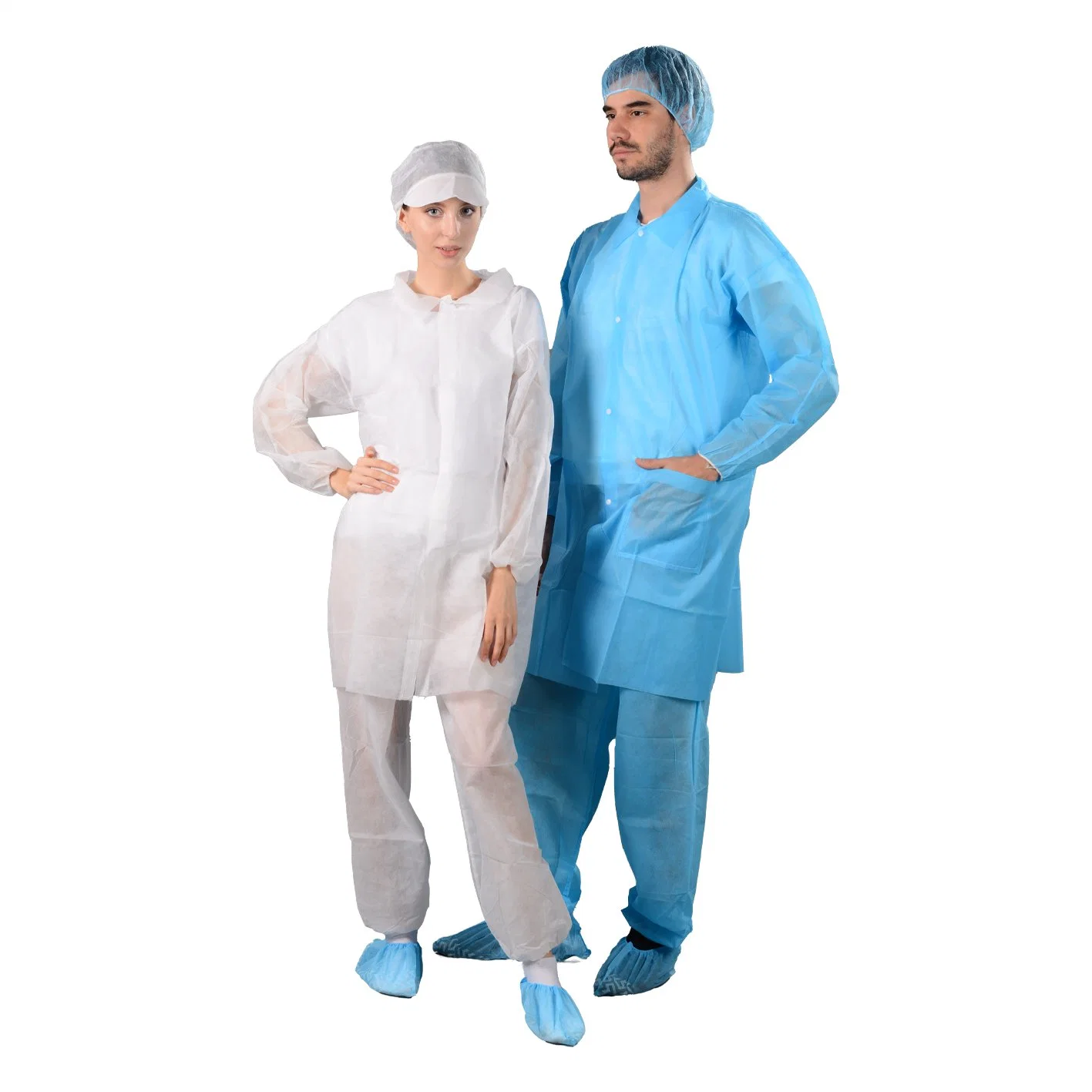 Blouse chirurgicale jetable en PP de 25 g/m², blanche et bleue, pour l'isolement médical, ainsi que des tenues de chirurgien et de laboratoire pour médecins et infirmières.